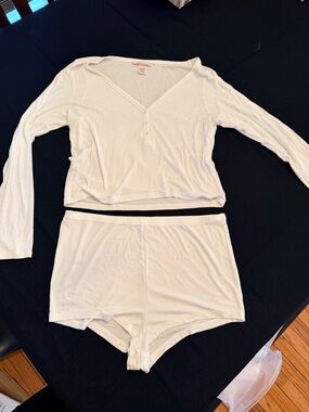 Victoria's Secret White Ribbed Henley Top & Shorts Sleep Set